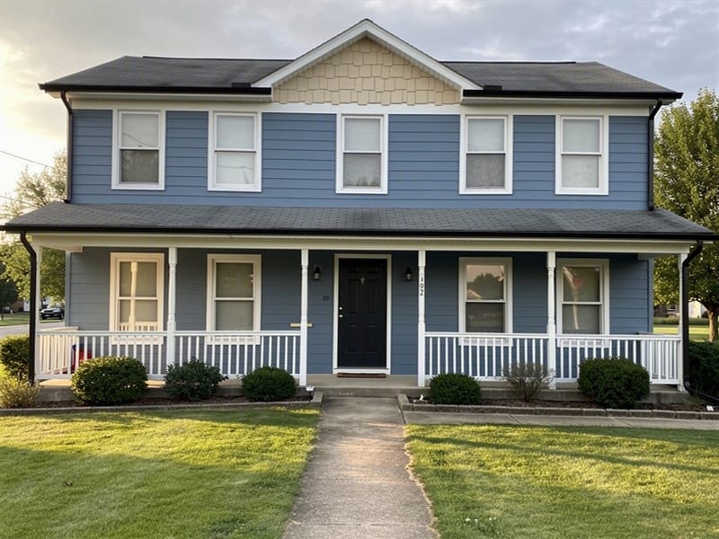 The same house with AI-previewed blue Polaris siding and a shake gable
